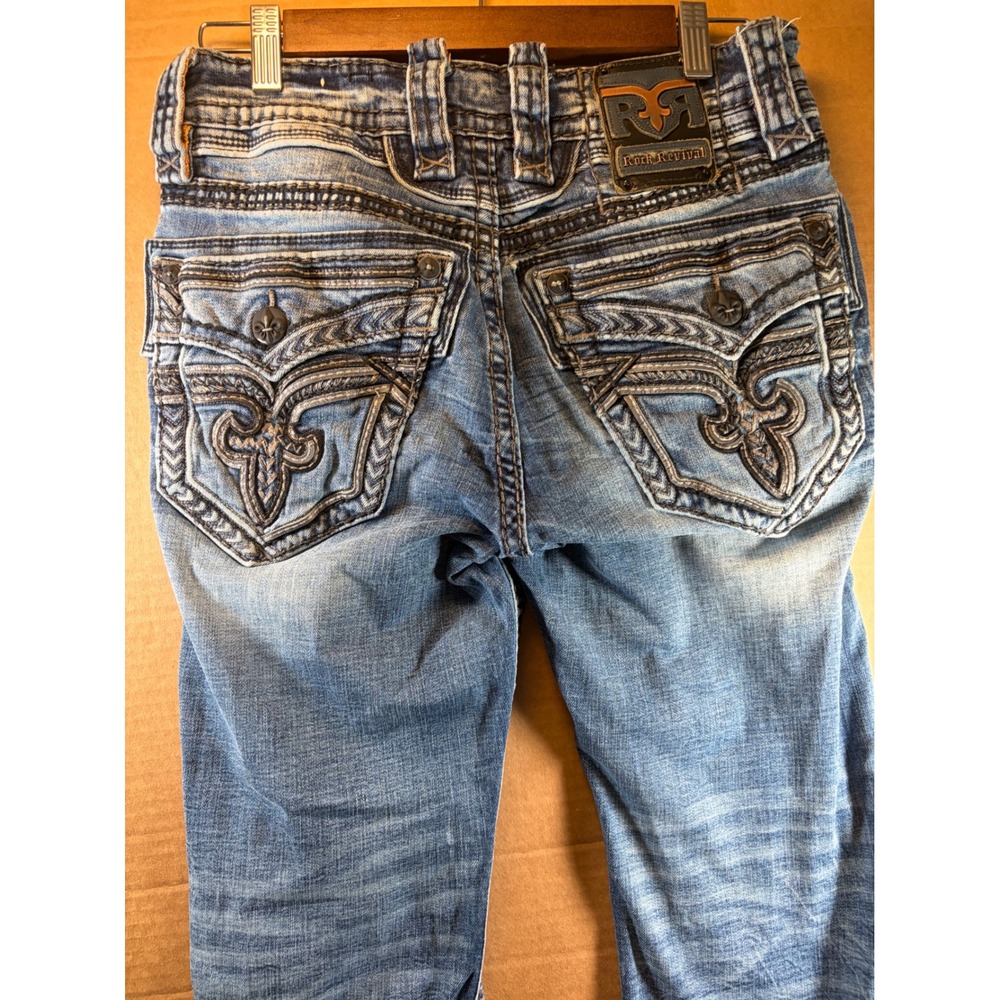 Rock Revival Lucas Rock Slim Boot Jeans Mens 28 Blue Distressed Heavy Stitching